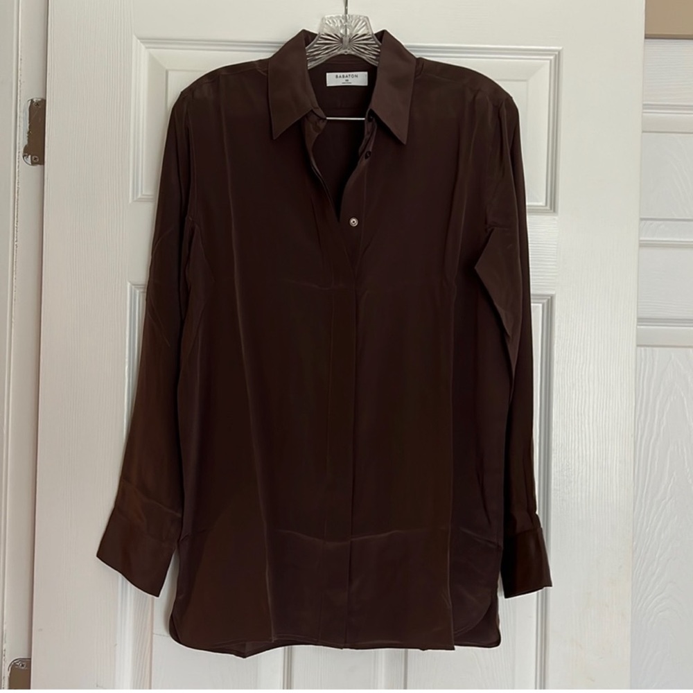 Aritzia Babaton Brown Academy Silk Button Down Shirt XS
